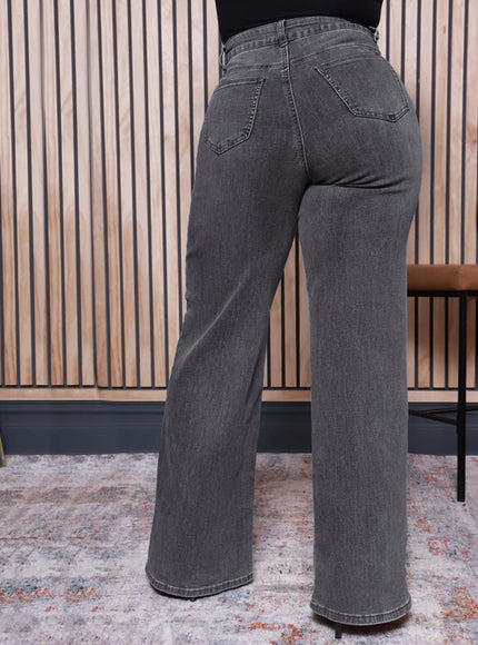 jkthpu-45 Plus Size Women's Gray Slim-Fit Denim Flare Pants