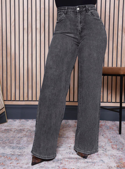 jkthpu-45 Plus Size Women's Gray Slim-Fit Denim Flare Pants
