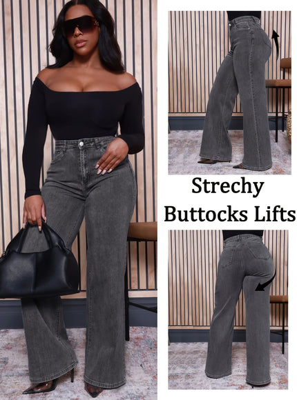 jkthpu-45 Plus Size Women's Gray Slim-Fit Denim Flare Pants