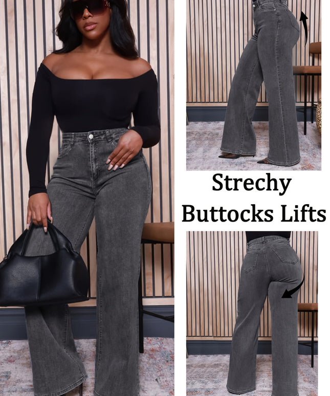 jkthpu-45 Plus Size Women's Gray Slim-Fit Denim Flare Pants