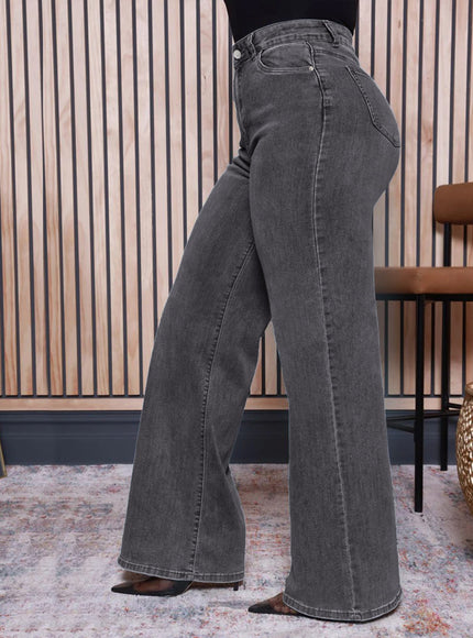 jkthpu-45 Plus Size Women's Gray Slim-Fit Denim Flare Pants