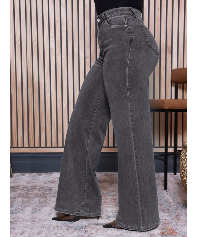 jkthpu-45 Plus Size Women's Gray Slim-Fit Denim Flare Pants
