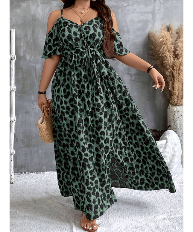 jkthpu-45 Plus Size Women's Leopard Print Elegant Fitted Midi Dress - Spaghetti Strap, Machine Washable, All-Season Versatile for Casual & Formal Wear, Formal Attire, Simple Elegance, Flowing Skirt Style