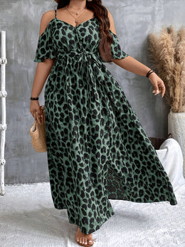 jkthpu-45 Plus Size Women's Leopard Print Elegant Fitted Midi Dress - Spaghetti Strap, Machine Washable, All-Season Versatile for Casual & Formal Wear, Formal Attire, Simple Elegance, Flowing Skirt Style
