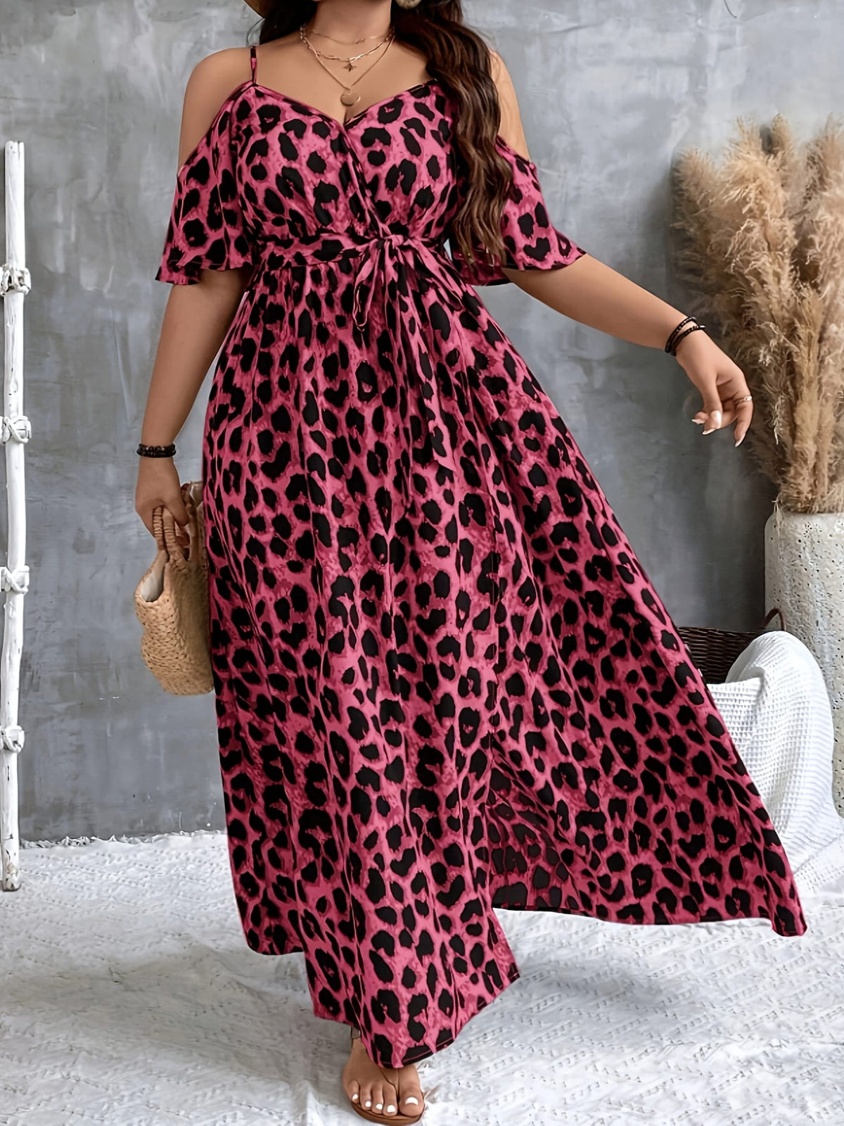 jkthpu-45 Plus Size Women's Leopard Print Elegant Fitted Midi Dress - Spaghetti Strap, Machine Washable, All-Season Versatile for Casual & Formal Wear, Formal Attire, Simple Elegance, Flowing Skirt Style