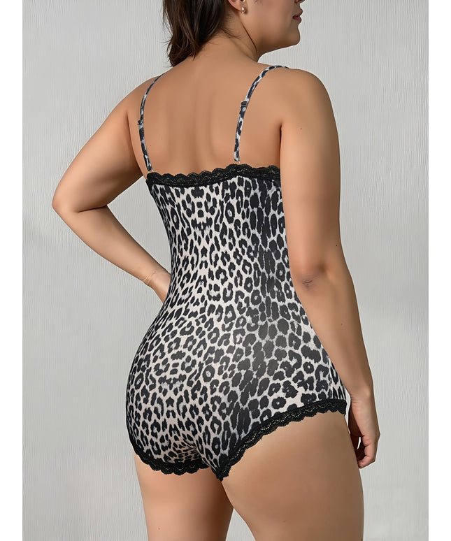 jkthpu-45 Plus Size Women's Leopard Print Lace Bodysuit, Body