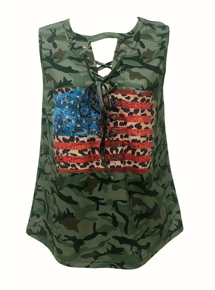jkthpu-45 Plus Size, Women's New Flag Camouflage Sleeveless Top