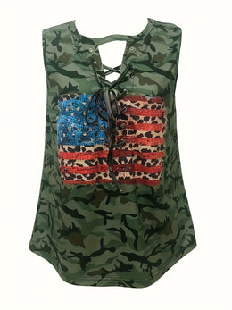 jkthpu-45 Plus Size, Women's New Flag Camouflage Sleeveless Top
