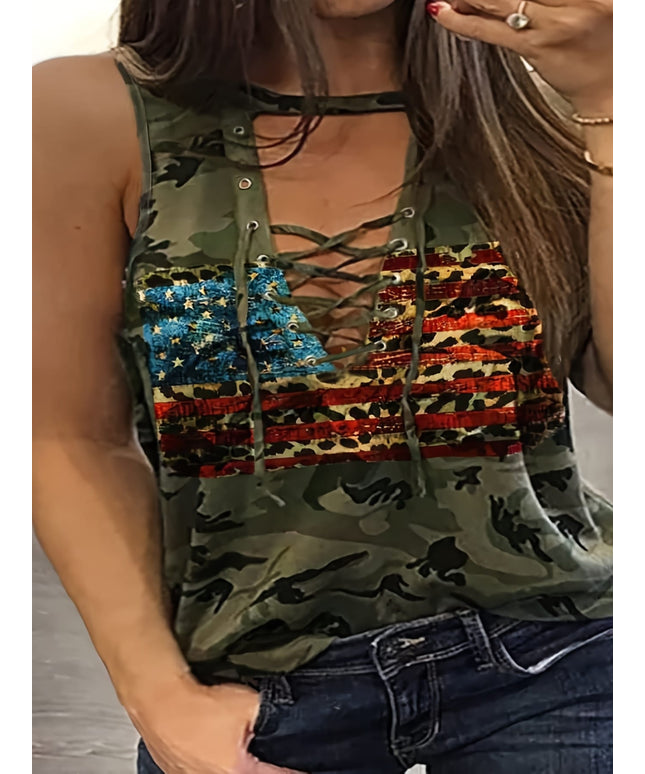 jkthpu-45 Plus Size, Women's New Flag Camouflage Sleeveless Top