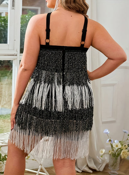 jkthpu-45 Plus Size, Women's New Large Size Tassel Color Block Elegant Evening Gown Dress