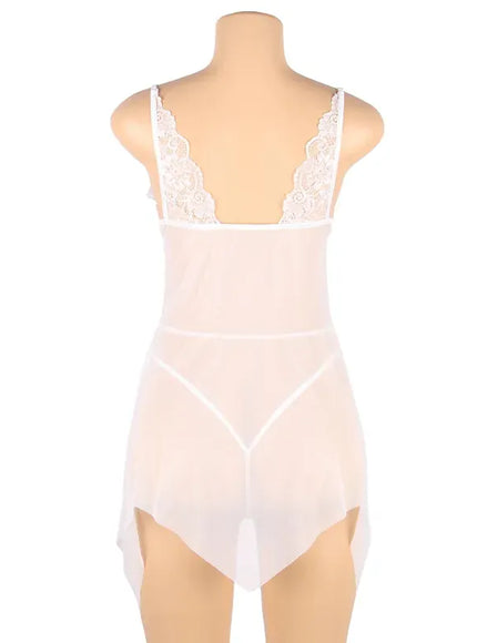 KissICON Plus Size Women's Nightie Lingerie Sexy Babydoll Lace Chemise Strap V Neck Mesh Sleepwear Wedding Robe Ensembles Set