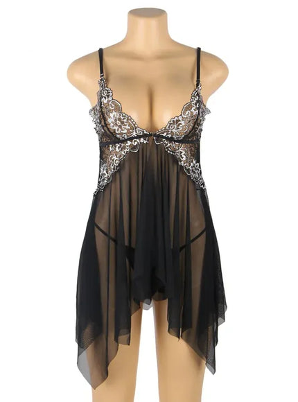 KissICON Plus Size Women's Nightie Lingerie Sexy Babydoll Lace Chemise Strap V Neck Mesh Sleepwear Wedding Robe Ensembles Set
