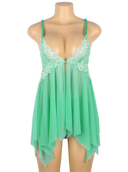 KissICON Plus Size Women's Nightie Lingerie Sexy Babydoll Lace Chemise Strap V Neck Mesh Sleepwear Wedding Robe Ensembles Set