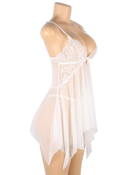 KissICON Plus Size Women's Nightie Lingerie Sexy Babydoll Lace Chemise Strap V Neck Mesh Sleepwear Wedding Robe Ensembles Set