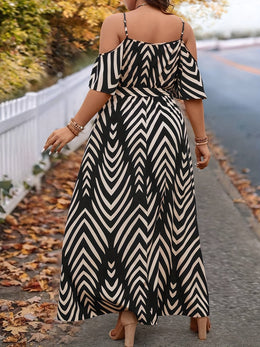 jkthpu-45 Plus Size Women'S Off-Shoulder V-Neck Maxi Dress with Ruched Waist & High-Low Hem - Black & White Chevron Print, Short Sleeves, Summer Beach Vacation Dress with Straw Bag, Beach Dresses, Vacation Attire, Flowy Fabric