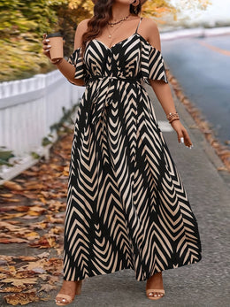 jkthpu-45 Plus Size Women'S Off-Shoulder V-Neck Maxi Dress with Ruched Waist & High-Low Hem - Black & White Chevron Print, Short Sleeves, Summer Beach Vacation Dress with Straw Bag, Beach Dresses, Vacation Attire, Flowy Fabric