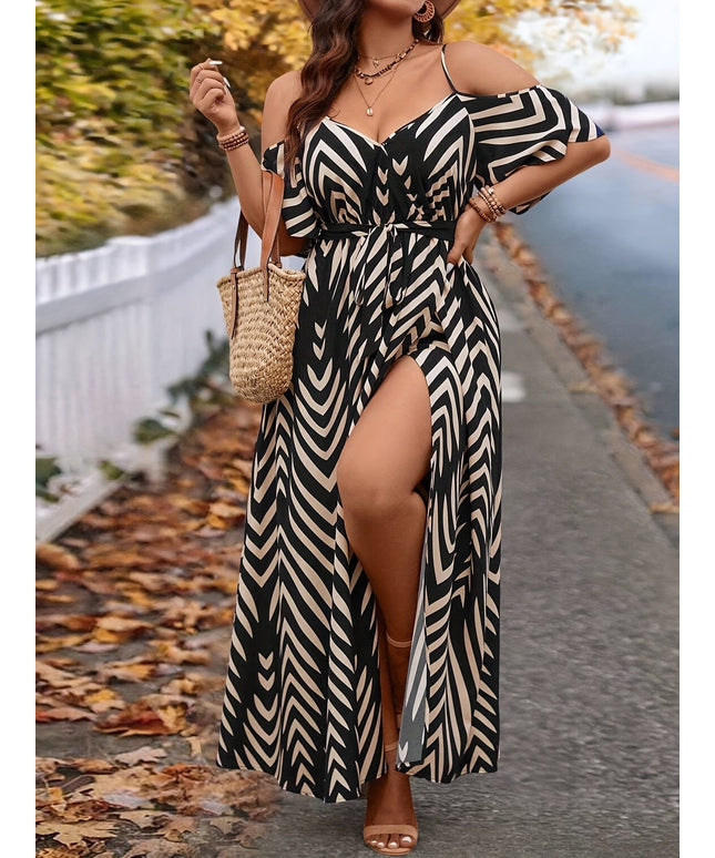 jkthpu-45 Plus Size Women'S Off-Shoulder V-Neck Maxi Dress with Ruched Waist & High-Low Hem - Black & White Chevron Print, Short Sleeves, Summer Beach Vacation Dress with Straw Bag, Beach Dresses, Vacation Attire, Flowy Fabric
