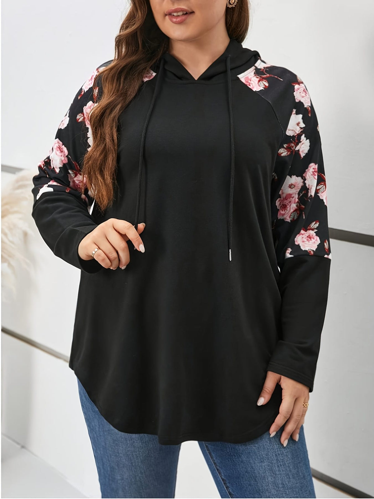 jkthpu-45 Plus Size, Women's Oversized Elegant Floral Print Hooded