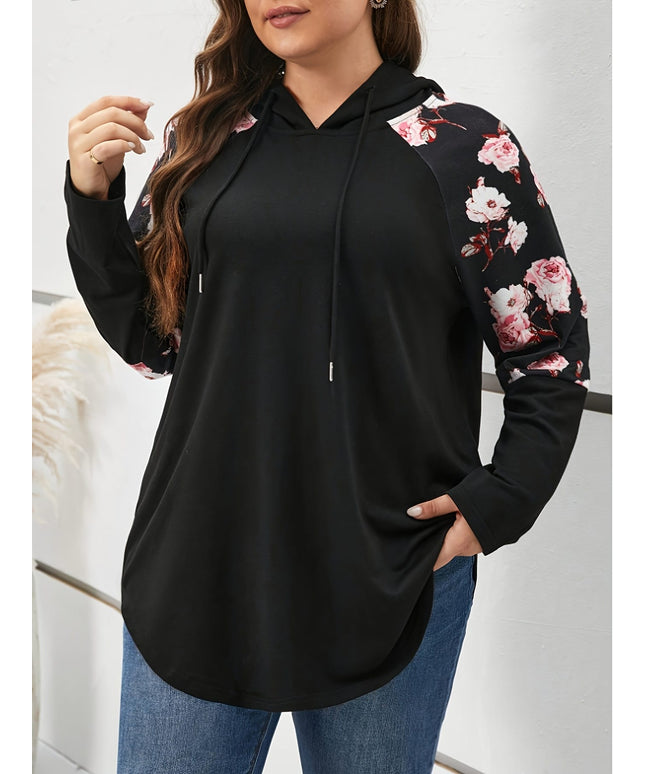 jkthpu-45 Plus Size, Women's Oversized Elegant Floral Print Hooded