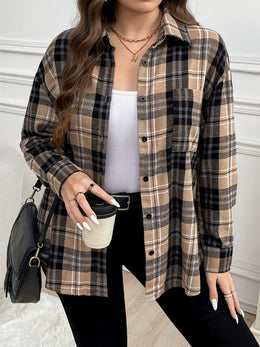 KissICON Plus Size, Women's Oversized Plaid Checkered Shirt - Elegant Casual Long Sleeve Blouse with Pockets, All-Season Brown/Black/Beige Tartan Pattern, Plus Size Comfort Fit for Everyday & Formal Wear, Machine Washable, Relaxed Fit
