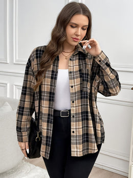 KissICON Plus Size, Women's Oversized Plaid Checkered Shirt - Elegant Casual Long Sleeve Blouse with Pockets, All-Season Brown/Black/Beige Tartan Pattern, Plus Size Comfort Fit for Everyday & Formal Wear, Machine Washable, Relaxed Fit