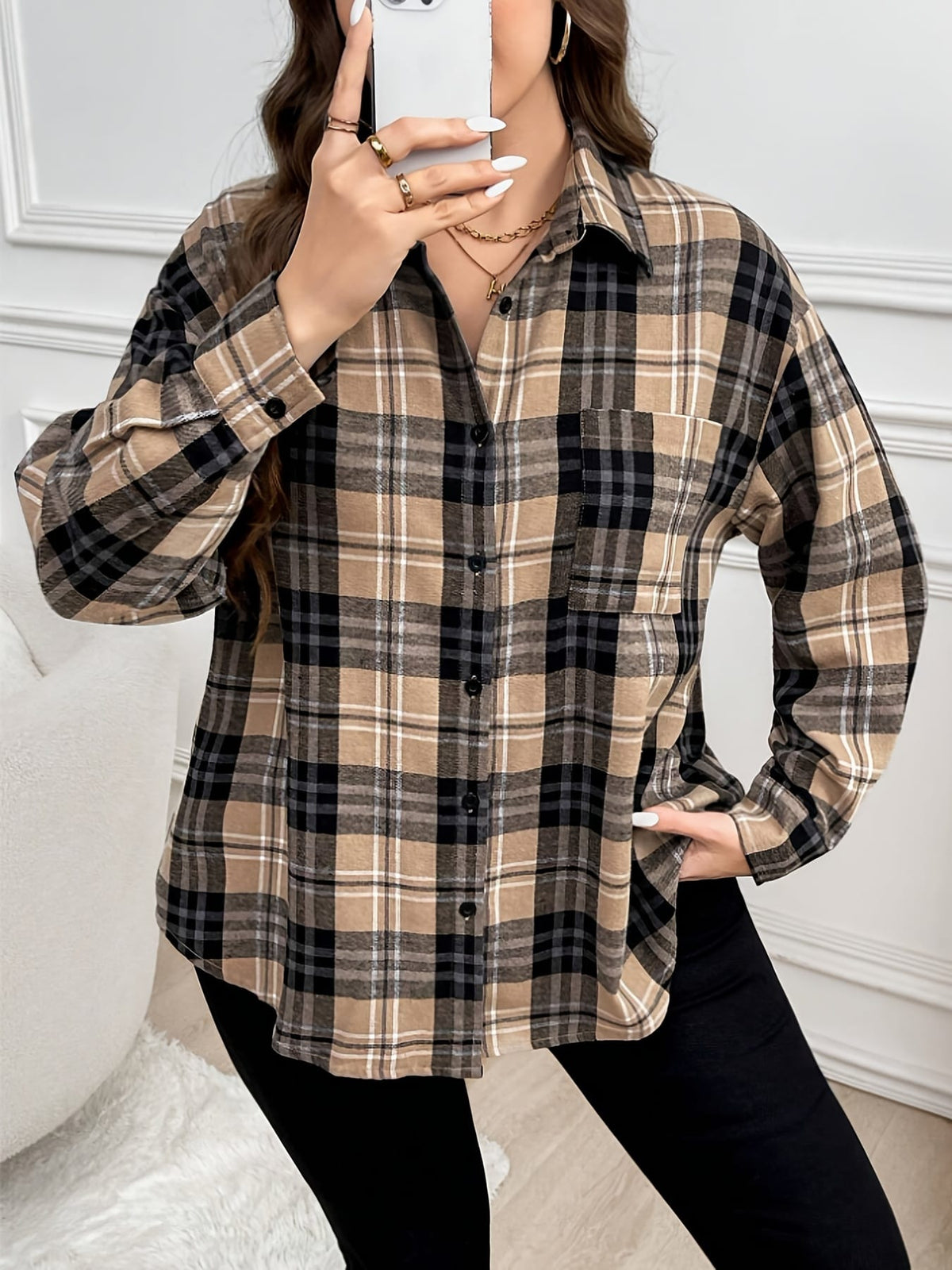 KissICON Plus Size, Women's Oversized Plaid Checkered Shirt - Elegant Casual Long Sleeve Blouse with Pockets, All-Season Brown/Black/Beige Tartan Pattern, Plus Size Comfort Fit for Everyday & Formal Wear, Machine Washable, Relaxed Fit
