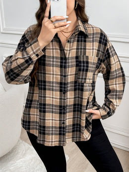 KissICON Plus Size, Women's Oversized Plaid Checkered Shirt - Elegant Casual Long Sleeve Blouse with Pockets, All-Season Brown/Black/Beige Tartan Pattern, Plus Size Comfort Fit for Everyday & Formal Wear, Machine Washable, Relaxed Fit