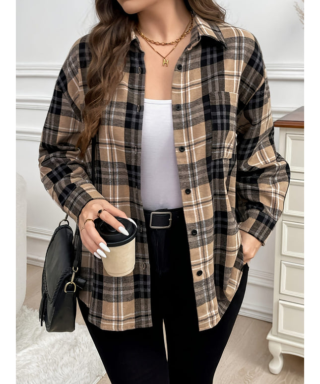KissICON Plus Size, Women's Oversized Plaid Checkered Shirt - Elegant Casual Long Sleeve Blouse with Pockets, All-Season Brown/Black/Beige Tartan Pattern, Plus Size Comfort Fit for Everyday & Formal Wear, Machine Washable, Relaxed Fit