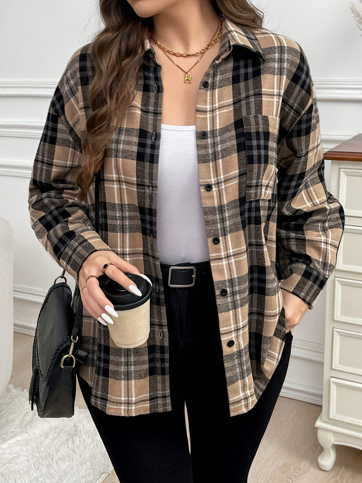 Plus Size, Women's Oversized Plaid Checkered Shirt - Elegant Casual Long Sleeve Blouse with Pockets, All-Season Brown/Black/Beige Tartan Pattern, Plus Size Comfort Fit for Everyday & Formal Wear, Machine Washable, Relaxed Fit