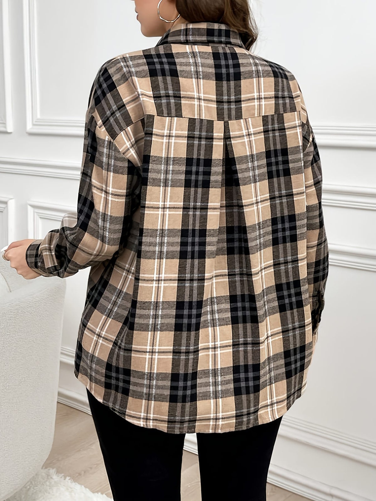 KissICON Plus Size, Women's Oversized Plaid Checkered Shirt - Elegant Casual Long Sleeve Blouse with Pockets, All-Season Brown/Black/Beige Tartan Pattern, Plus Size Comfort Fit for Everyday & Formal Wear, Machine Washable, Relaxed Fit