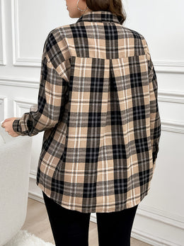KissICON Plus Size, Women's Oversized Plaid Checkered Shirt - Elegant Casual Long Sleeve Blouse with Pockets, All-Season Brown/Black/Beige Tartan Pattern, Plus Size Comfort Fit for Everyday & Formal Wear, Machine Washable, Relaxed Fit