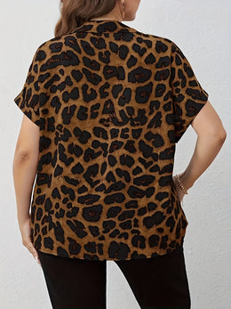 KissICON Plus Size, Women's Oversized Plus Size Leopard Print Blouse - Elegant Collar Button-Front Shirt with Black & Brown Spots, Structured Loose Fit Tunic Top for Spring/Fall/Summer, Casual & Formal Events, Machine Washable, Stylis