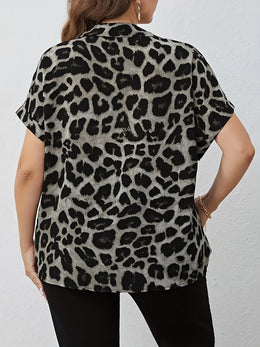 KissICON Plus Size, Women's Oversized Plus Size Leopard Print Blouse - Elegant Collar Button-Front Shirt with Black & Brown Spots, Structured Loose Fit Tunic Top for Spring/Fall/Summer, Casual & Formal Events, Machine Washable, Stylis