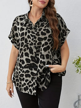 KissICON Plus Size, Women's Oversized Plus Size Leopard Print Blouse - Elegant Collar Button-Front Shirt with Black & Brown Spots, Structured Loose Fit Tunic Top for Spring/Fall/Summer, Casual & Formal Events, Machine Washable, Stylis