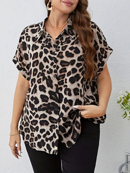 KissICON Plus Size, Women's Oversized Plus Size Leopard Print Blouse - Elegant Collar Button-Front Shirt with Black & Brown Spots, Structured Loose Fit Tunic Top for Spring/Fall/Summer, Casual & Formal Events, Machine Washable, Stylis