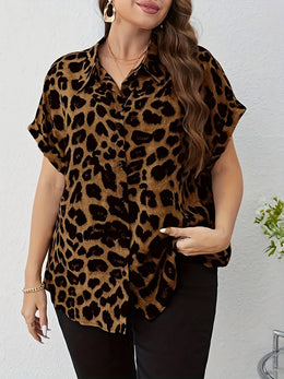 KissICON Plus Size, Women's Oversized Plus Size Leopard Print Blouse - Elegant Collar Button-Front Shirt with Black & Brown Spots, Structured Loose Fit Tunic Top for Spring/Fall/Summer, Casual & Formal Events, Machine Washable, Stylis