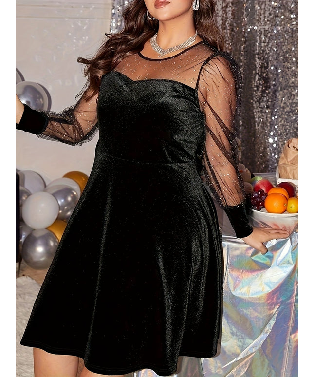 jkthpu-45 Plus Size Women's Peplum Dress – Elegant Crew Neck, Solid Color Black, Contrast Mesh Sleeves, Fall & Winter