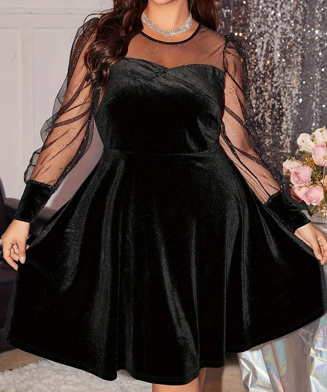 jkthpu-45 Plus Size Women's Peplum Dress – Elegant Crew Neck, Solid Color Black, Contrast Mesh Sleeves, Fall & Winter