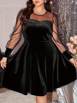 jkthpu-45 Plus Size Women's Peplum Dress – Elegant Crew Neck, Solid Color Black, Contrast Mesh Sleeves, Fall & Winter