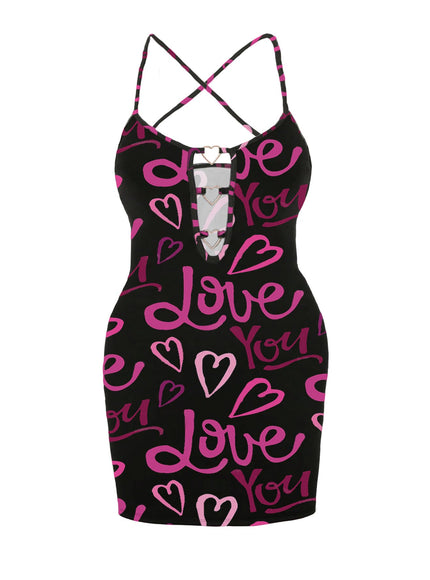 jkthpu-45 Plus-Size Women'S Pink Letter Heart Print Hollow Sexy Bodycon Mini Camisole Dress