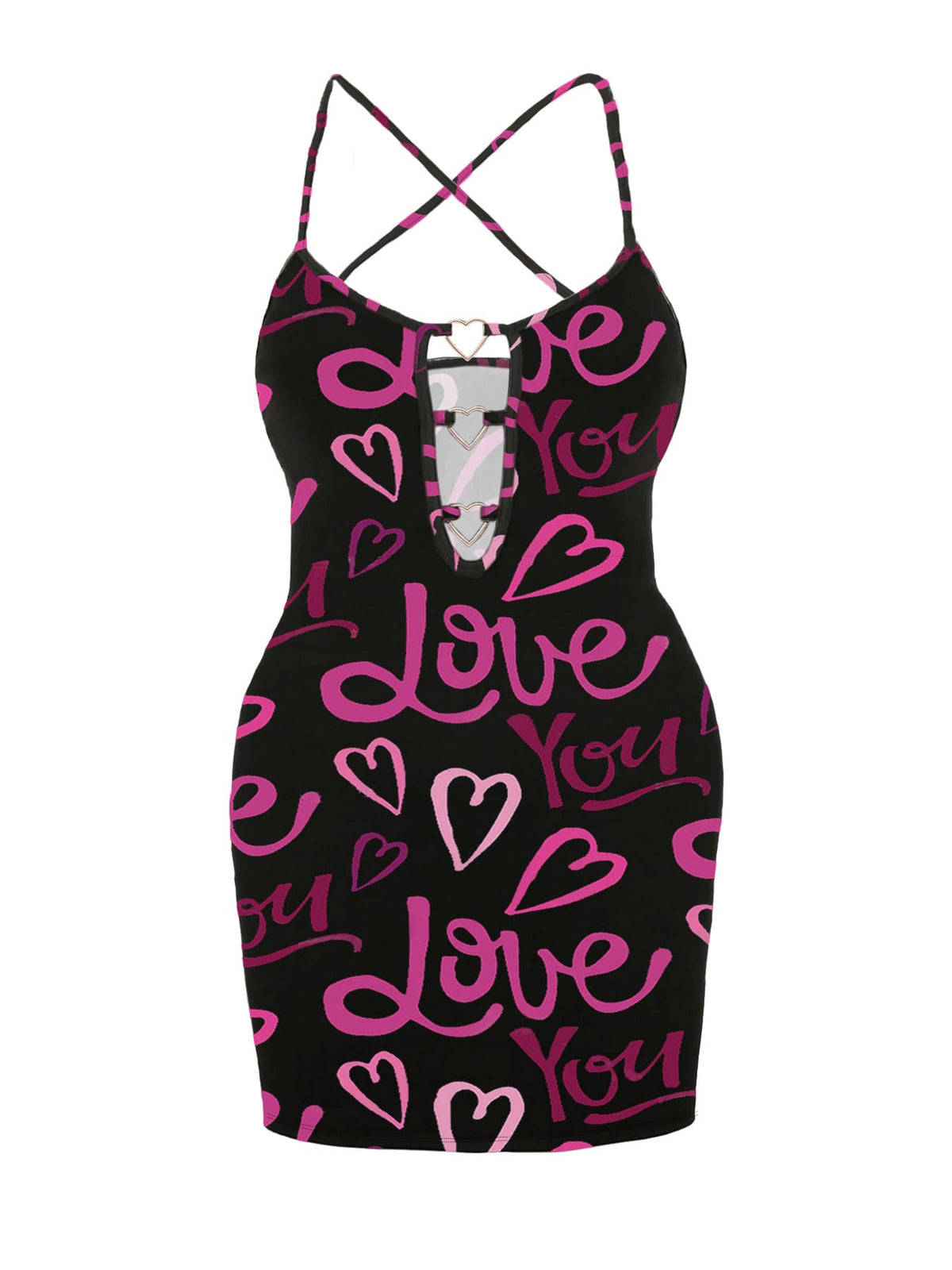 jkthpu-45 Plus-Size Women'S Pink Letter Heart Print Hollow Sexy Bodycon Mini Camisole Dress