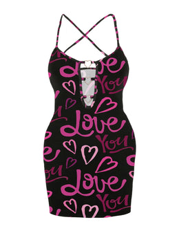 jkthpu-45 Plus-Size Women'S Pink Letter Heart Print Hollow Sexy Bodycon Mini Camisole Dress
