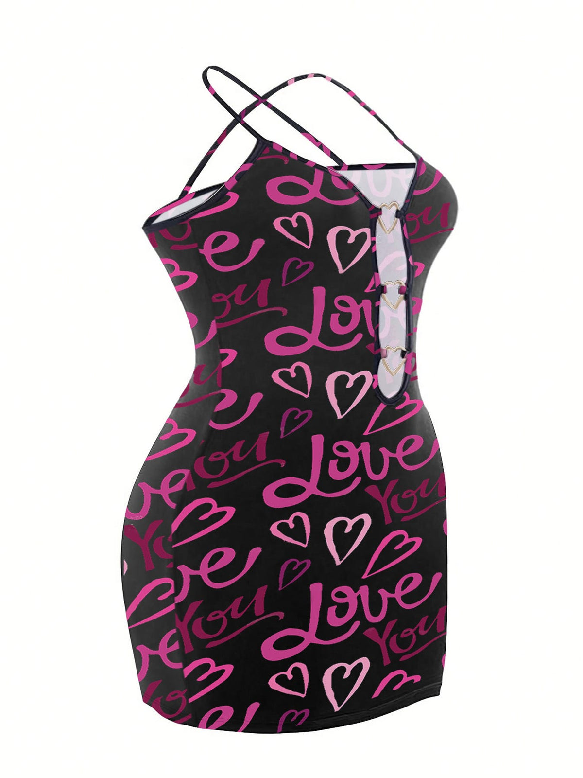 jkthpu-45 Plus-Size Women'S Pink Letter Heart Print Hollow Sexy Bodycon Mini Camisole Dress