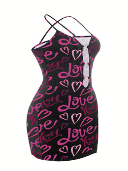 jkthpu-45 Plus-Size Women'S Pink Letter Heart Print Hollow Sexy Bodycon Mini Camisole Dress