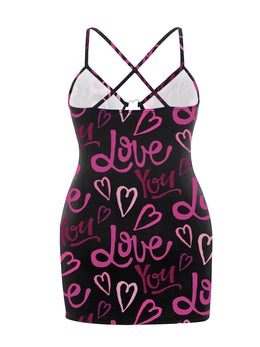 jkthpu-45 Plus-Size Women'S Pink Letter Heart Print Hollow Sexy Bodycon Mini Camisole Dress