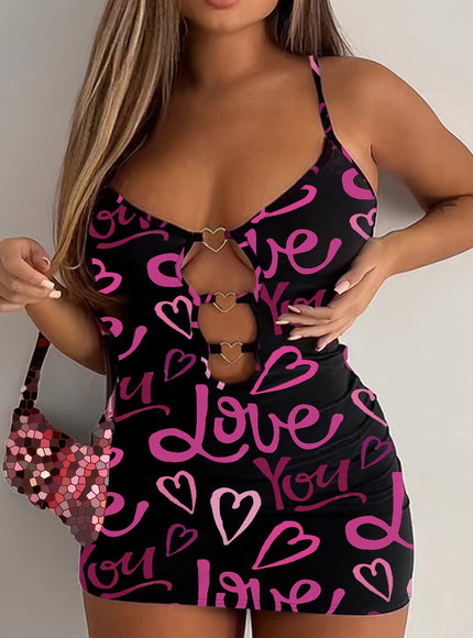 jkthpu-45 Plus-Size Women'S Pink Letter Heart Print Hollow Sexy Bodycon Mini Camisole Dress