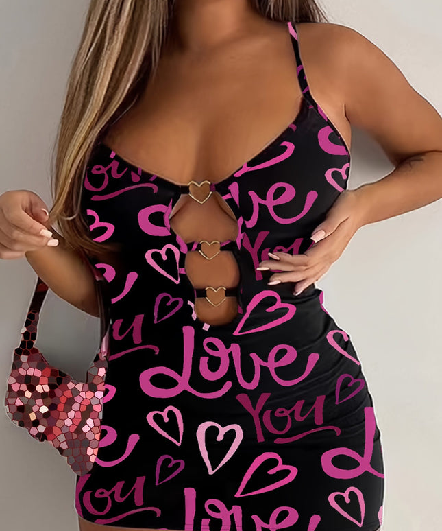 jkthpu-45 Plus-Size Women'S Pink Letter Heart Print Hollow Sexy Bodycon Mini Camisole Dress