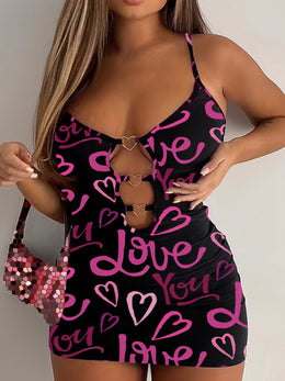 jkthpu-45 Plus-Size Women'S Pink Letter Heart Print Hollow Sexy Bodycon Mini Camisole Dress