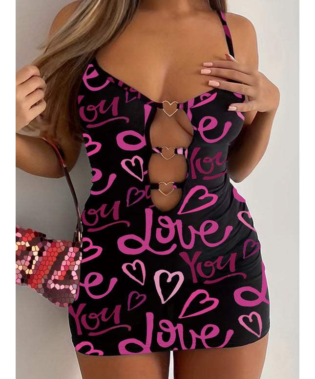 jkthpu-45 Plus-Size Women'S Pink Letter Heart Print Hollow Sexy Bodycon Mini Camisole Dress