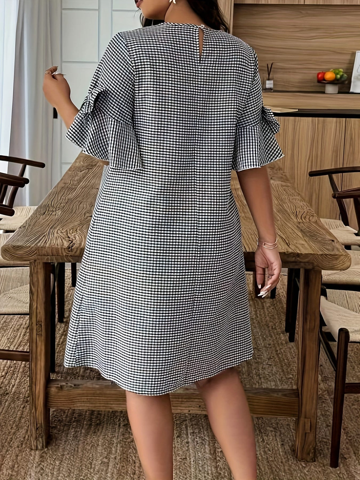 jkthpu-45 Plus Size, Women's Plaid Bow-Decorated Short-Sleeve Elegant Midi Dress, Chic Dress, Spring Outerwear, Autumn Attire, Quality Craftsmanship, Nontransparent Fabric